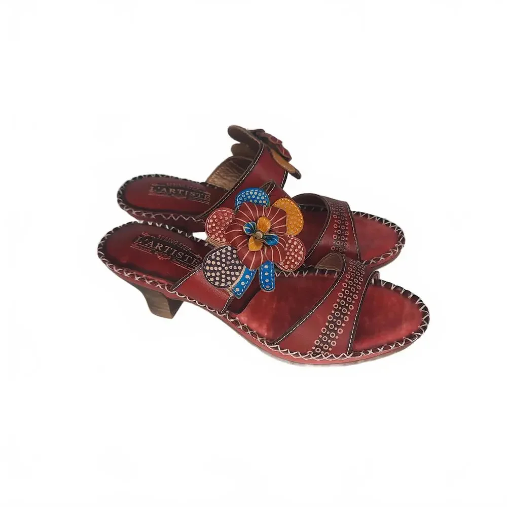 NWOT Spring Step L'Artiste Red Floral Slide Sandals Size 38  US‎ 8
